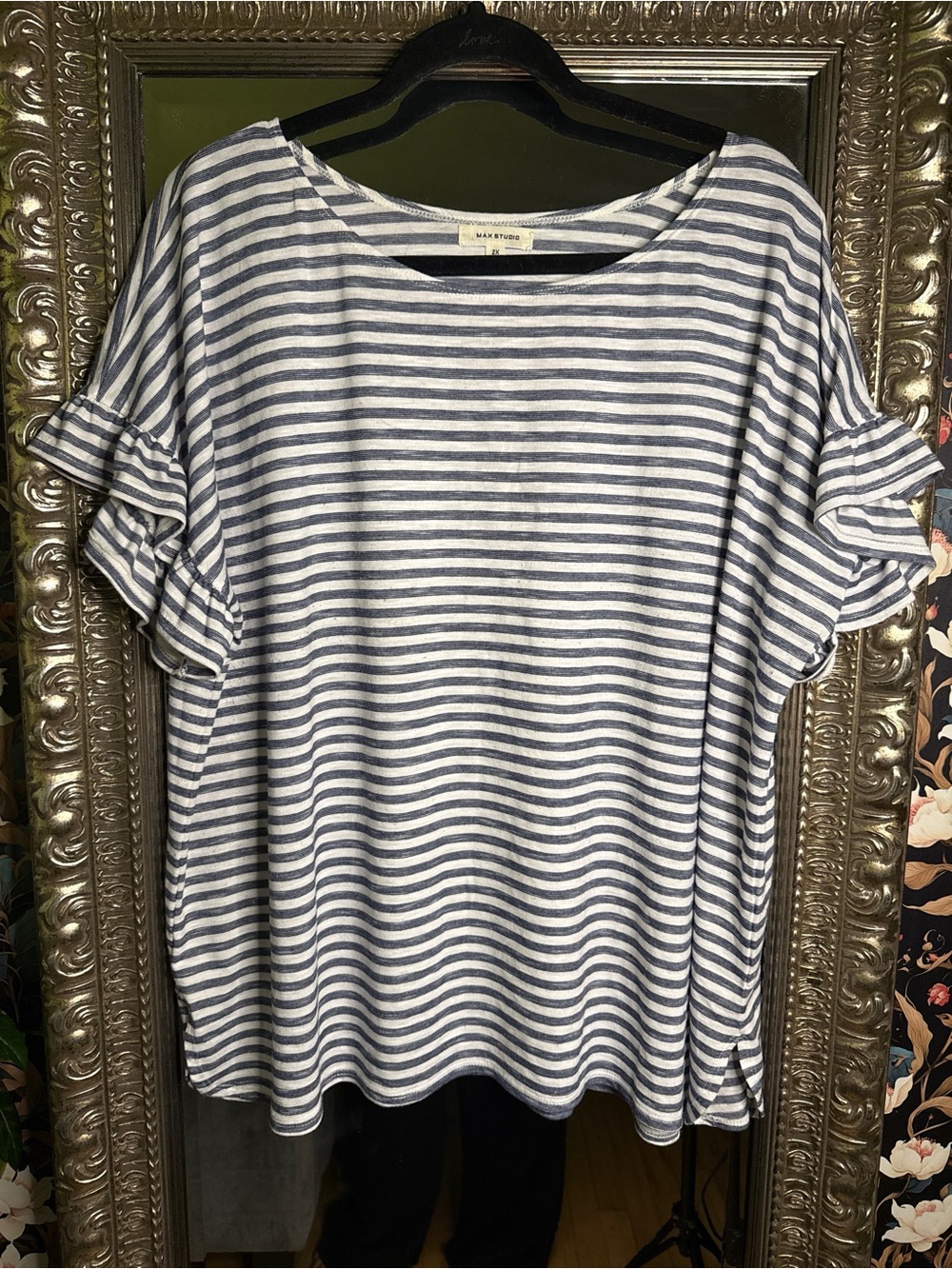 Max Studio Blue & White Striped Ruffle Sleeve Top